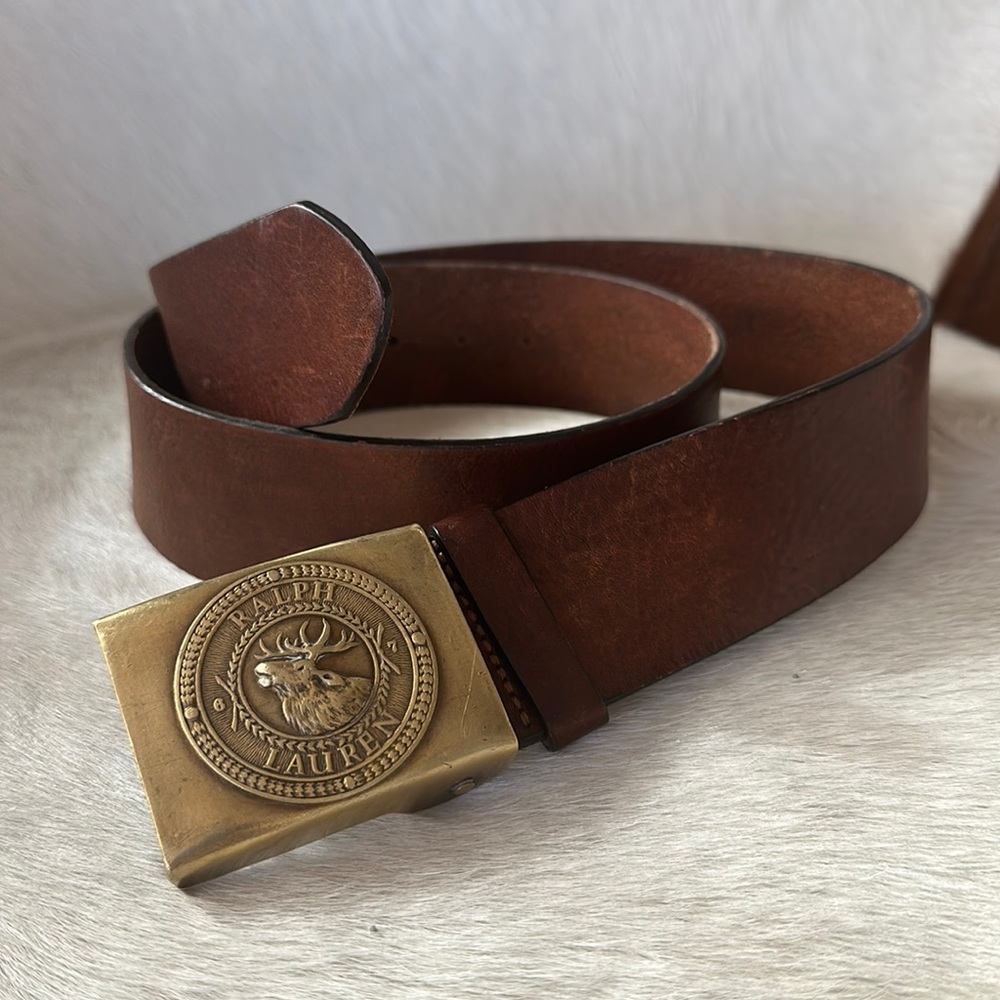 Ralph Lauren Polo Vachetta leather brown belt 34 distressed Elk buckle Italy